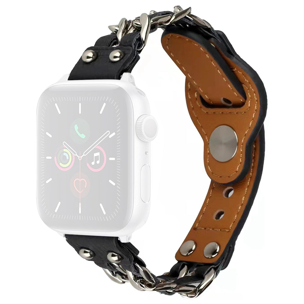 For Apple Watch Series 9 8 7 41mm 6 5 4 SE (2023) SE(2022) SE 40mm 3 2 1 38mm Metal Chain Watch Band Top Layer Cowhide Leather Replacement Wrist Strap For Apple Watch Series 9 8 7 41mm 6 5 4 SE (2023) SE(2022) SE 40mm 3 2 1 38mm Metal Chain Watch Band Top Layer Cowhide Leather Replacement Wrist Strap